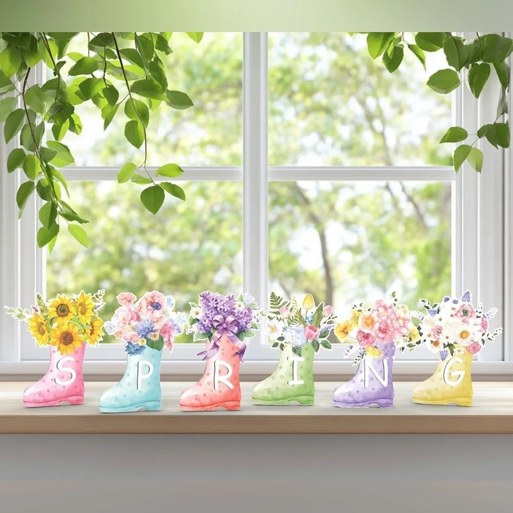 Spring Wooden Block Sign, 6Pcs Wooden Tabletop Spring Signs Flowers Decor